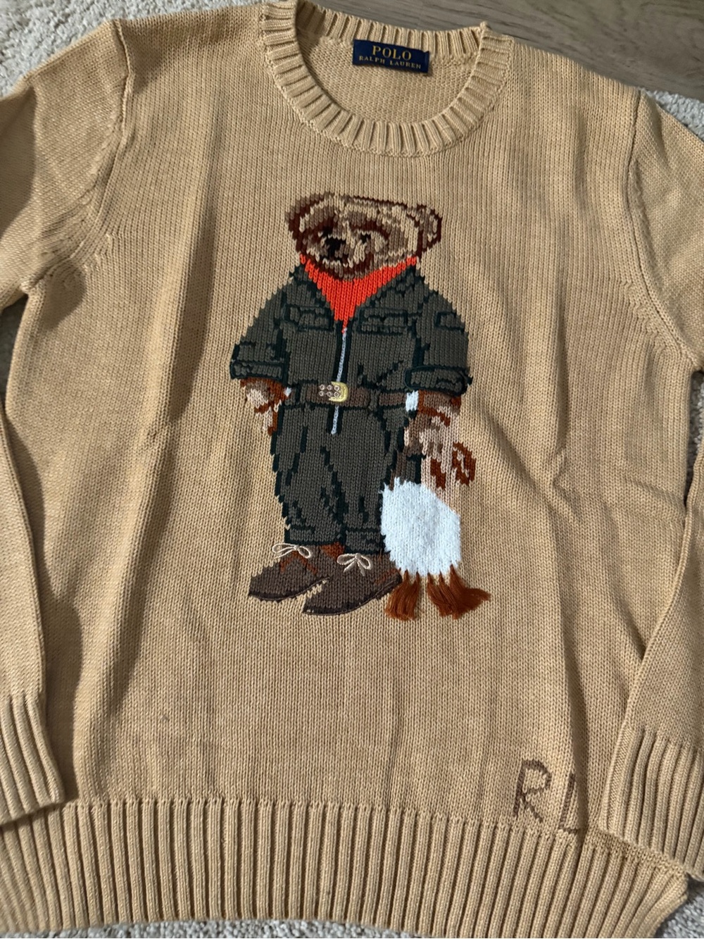 Polo by Ralph Lauren Tan Crewneck Sweater with Bear Intarsia - Picture 3 of 5